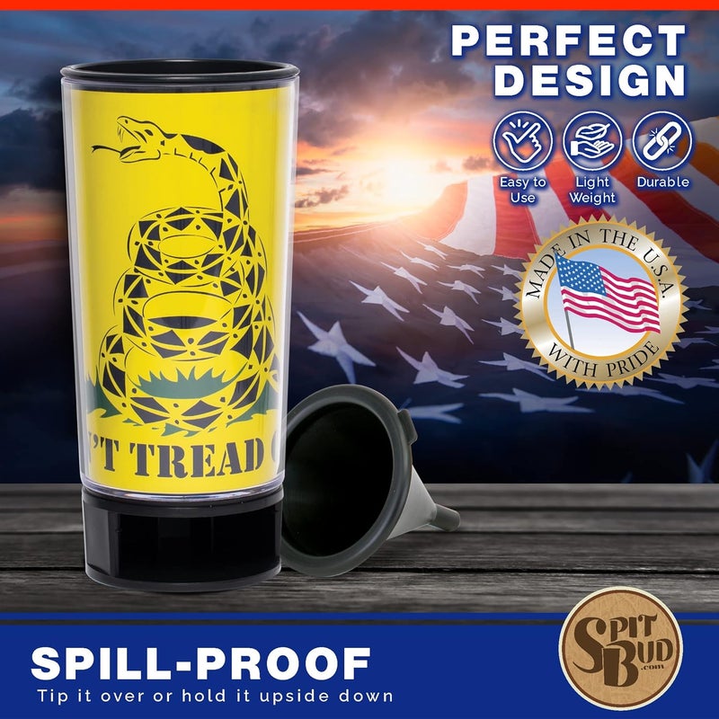 Spit Bud Don't Tread on Me #1 The Ultimate Spittoon for Chew - Portable Dip & Snuff Cup with Lid, Pop Tab, Spill-Proof Funnel, Can Cutter & Holder - Fit in Cup Holders - Holds 8oz - Made in USA - Image 5